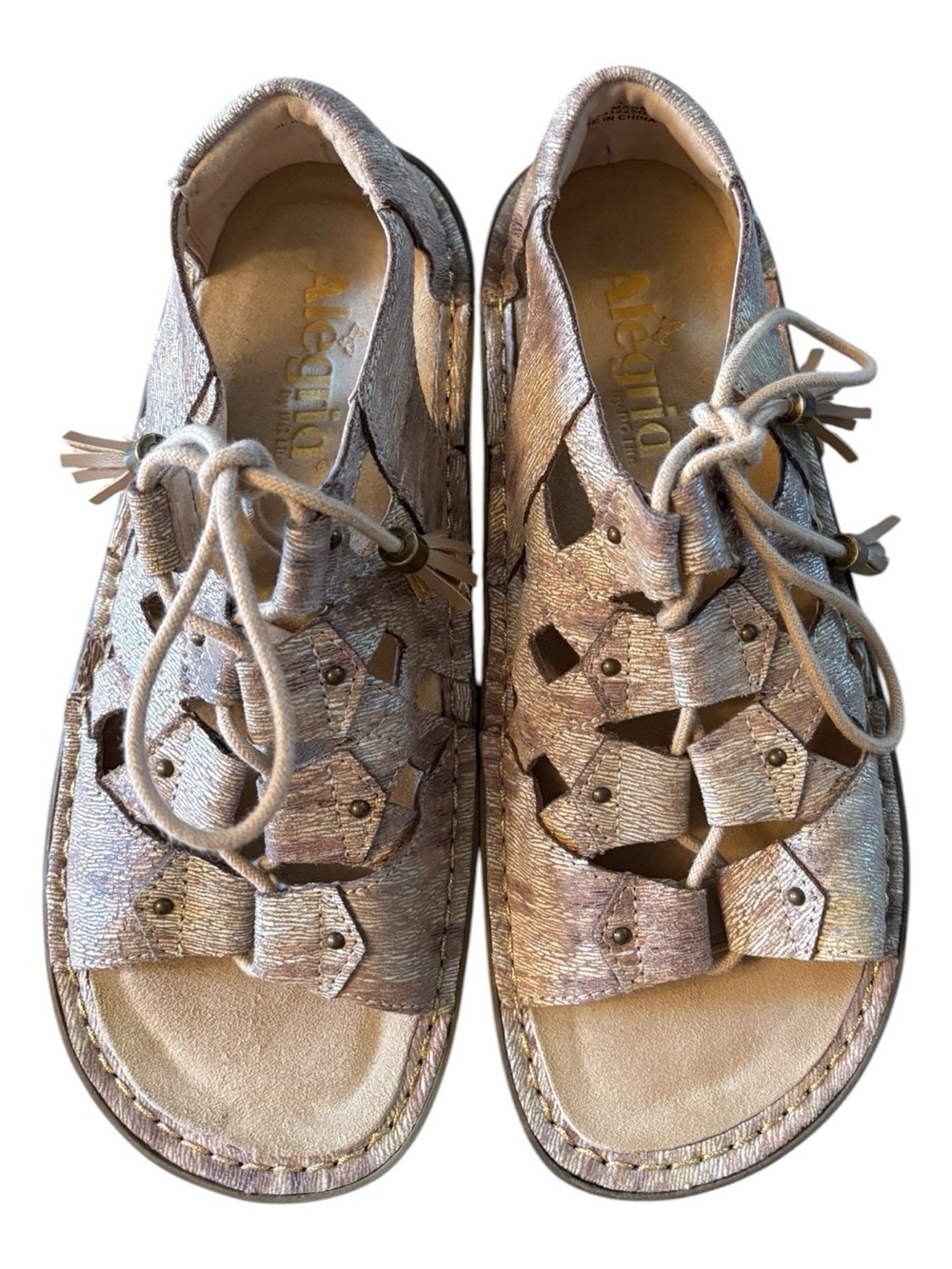 Alegria Metallic Taupe Lace-Up Sandals